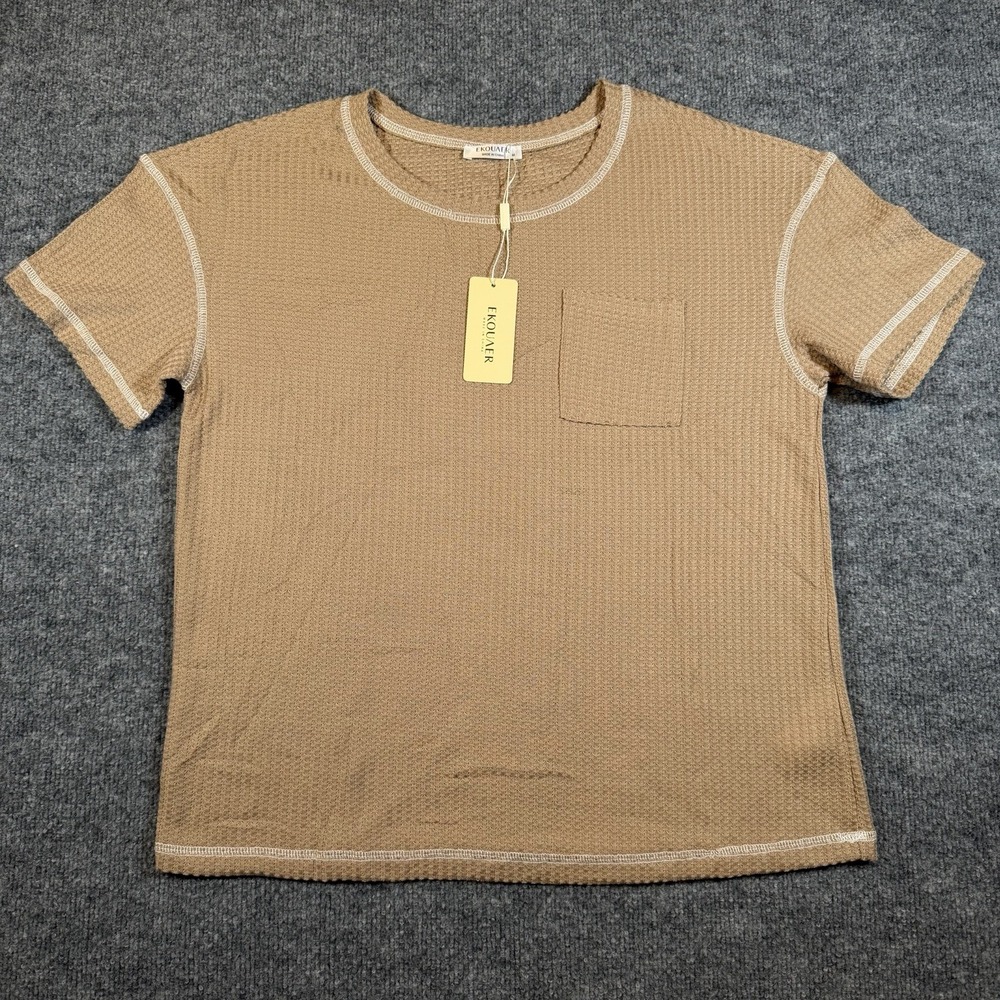 NEW Ekouaer Women's Soft Waffle Knit Short Sleeve Pocket Shirt Beige Size M
